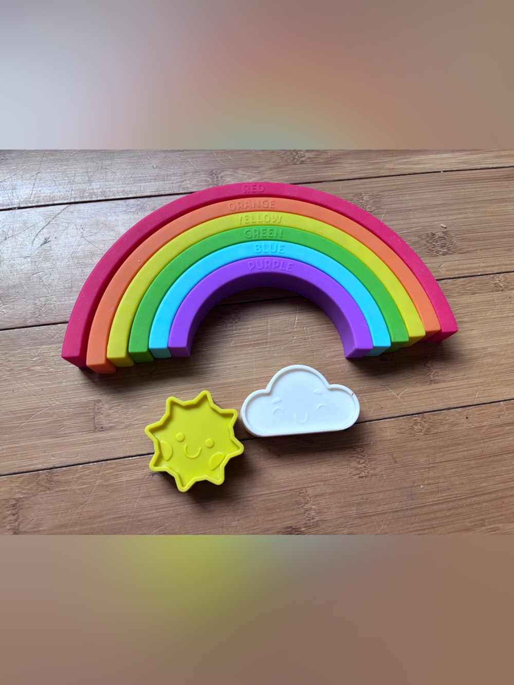 Rainbow Stacking Toy - Colorful Sunset Arch with Sun & Cloud. Silicon feel.